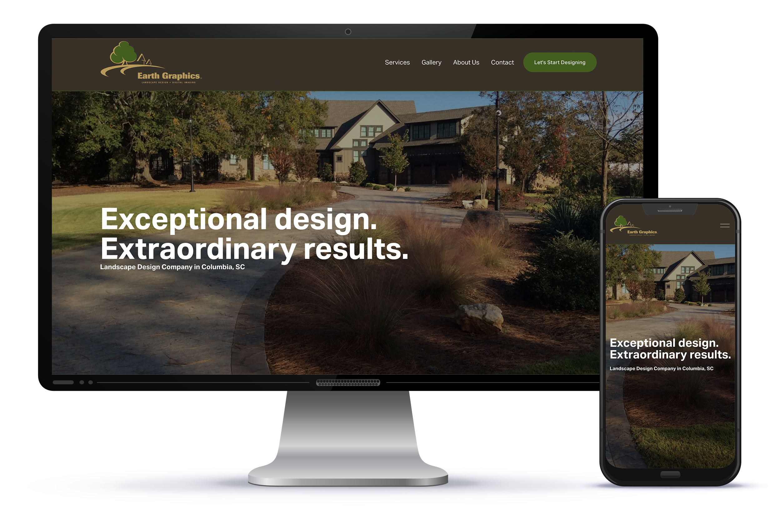 Rendering of Earth Graphics Columbia website shown on iMac and iPhone