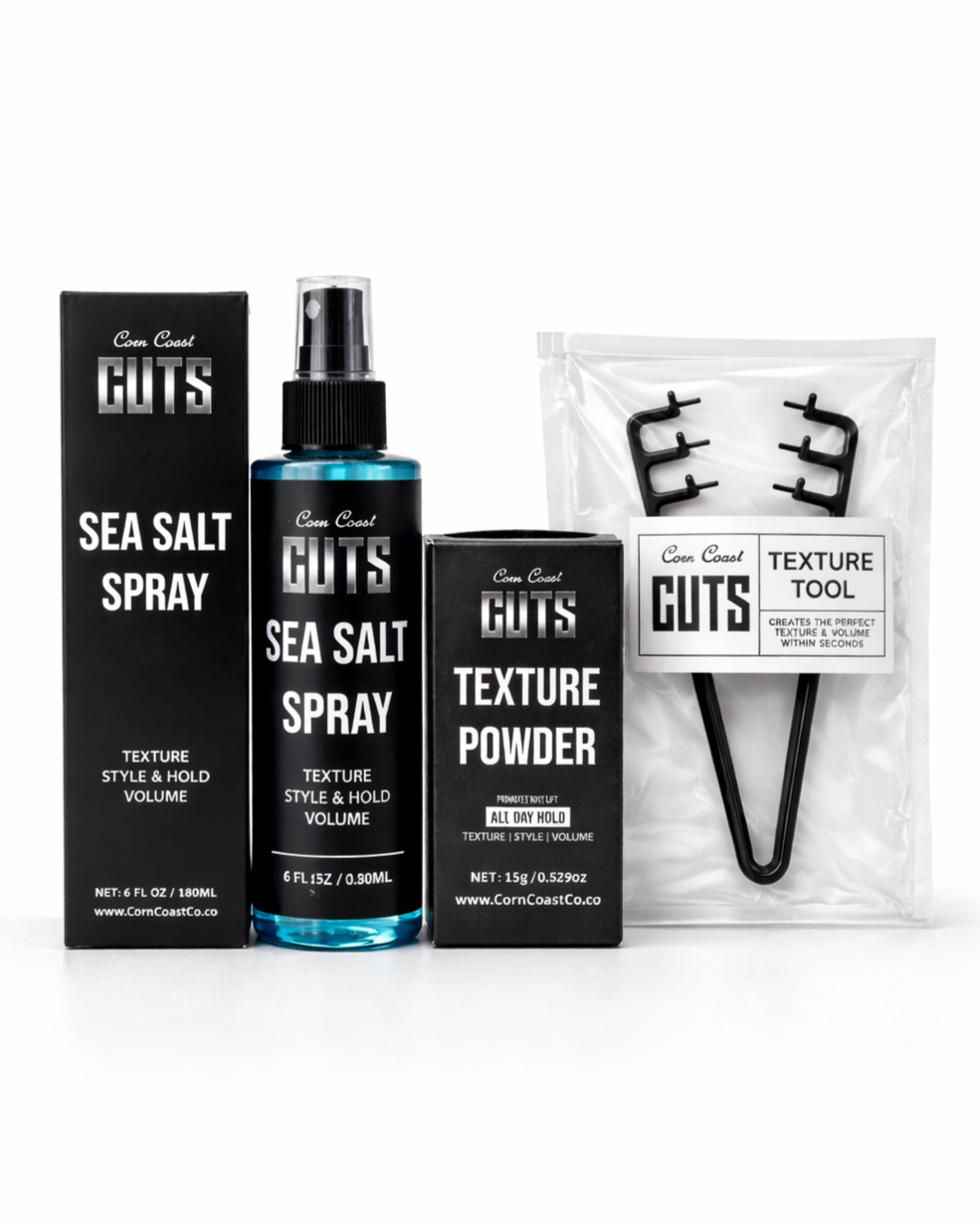 Corn Coast Cuts Texture Bundle with sea salt spray, texture powder, and texture tool on white background