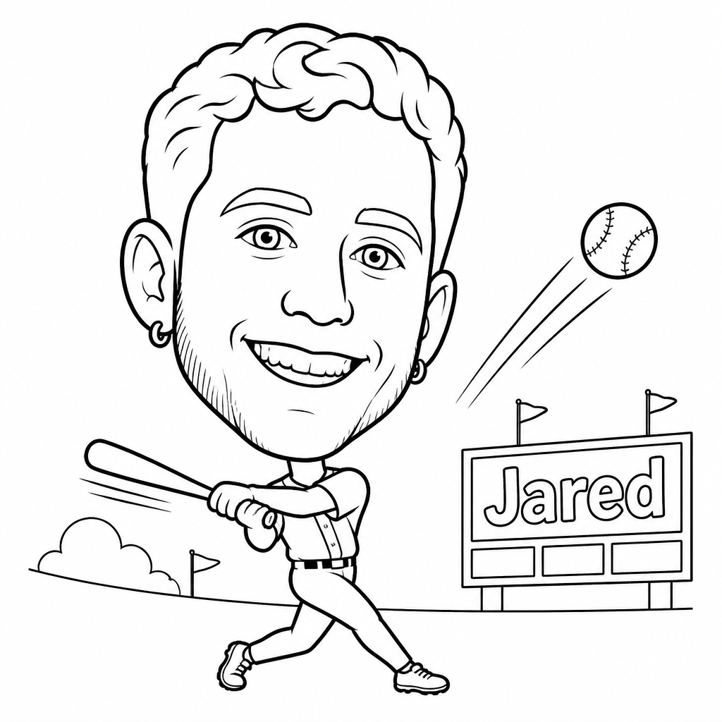 Sketch of man playing baseball with the name "Jared" written on the scoreboard