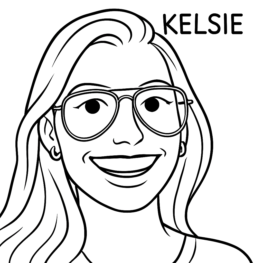 Sketch of woman with glasses with the name "Kelsie" written in the corner