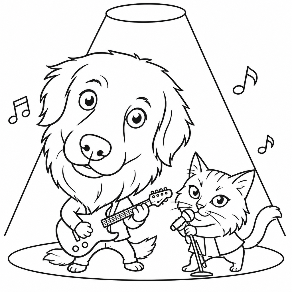 Pet caricature of a dog and cat singing and playing guitar (Robotic drawing) 