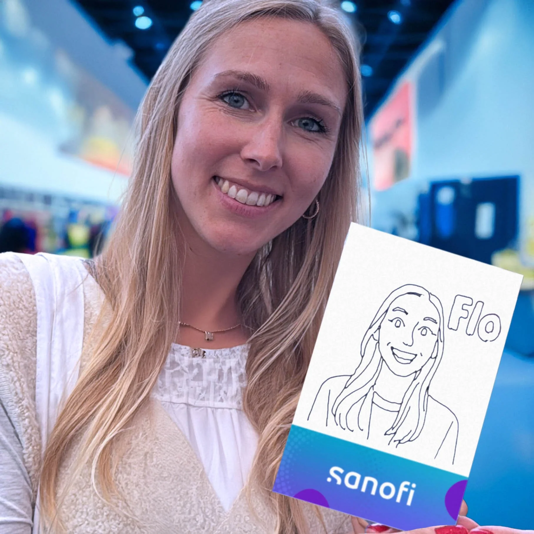 Woman holding up her Dream Studio Portrait sketched by SketchBot