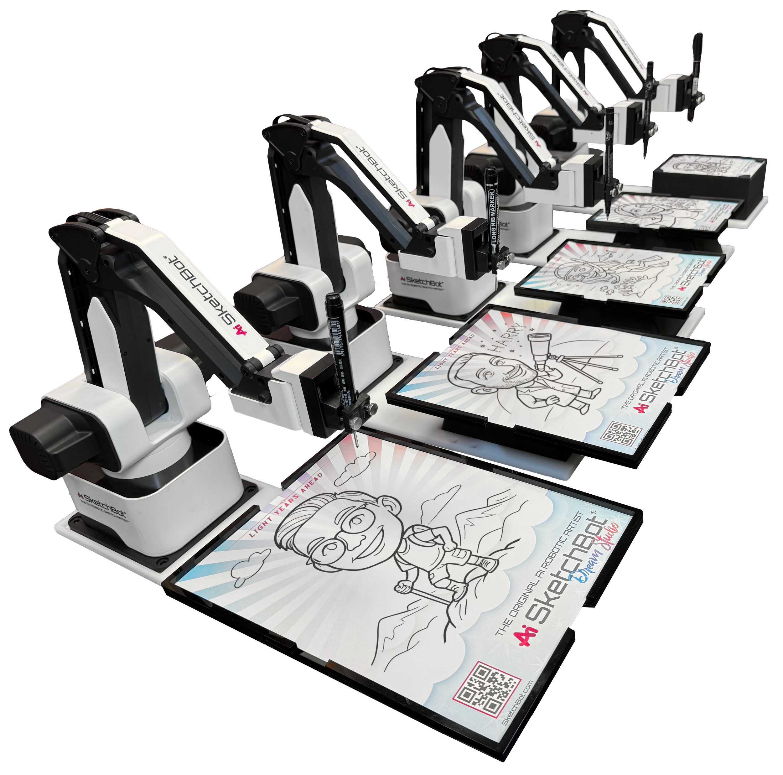 SketchBots lined up diagonally showing off the 8 different paper sizes