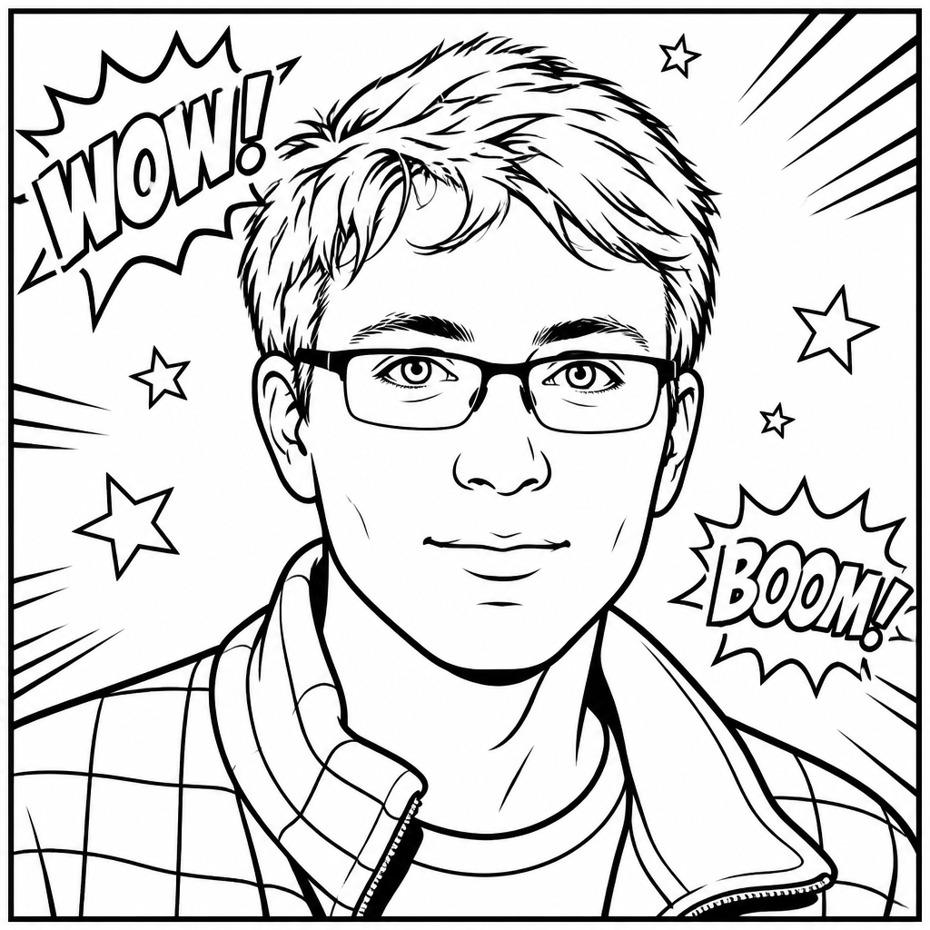 Sketchbot drawing of a man with glasses in a comic style