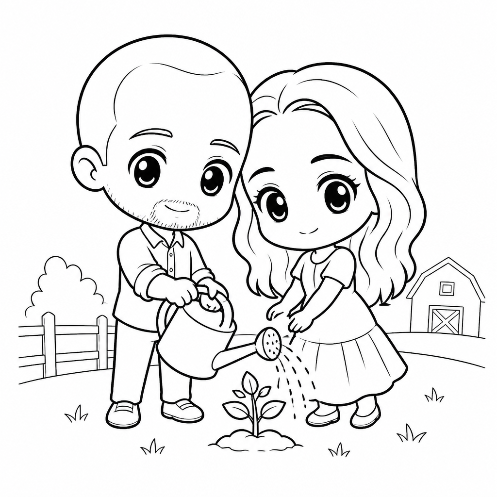 Sketch of a couple watering a plant outside (Chibi drawing)