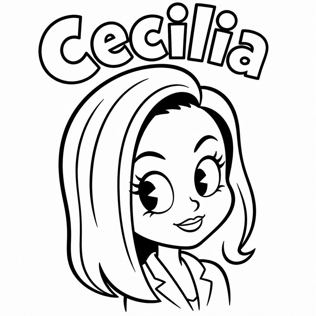 Retro cartoon of a woman with the name "Cecilia" written (SketchBot drawing)