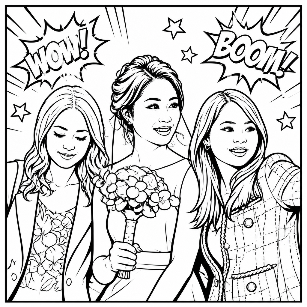 SketchBot rendering of a bride and two woman next to her in comic style 
