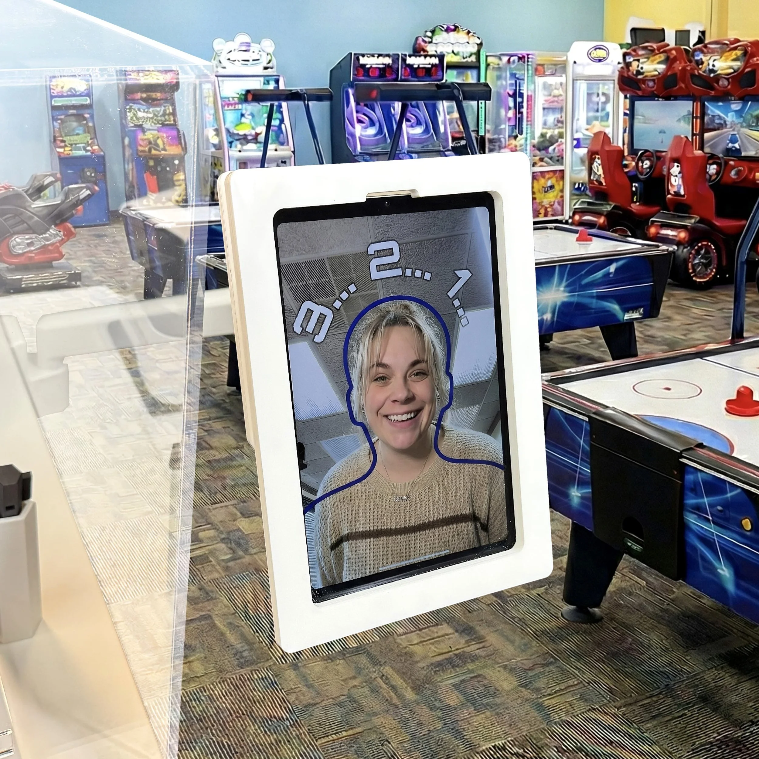 Woman having her photo taken for SketchBot Pro