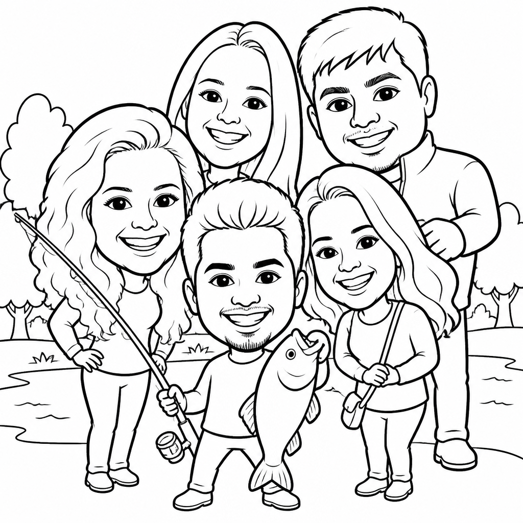 Cartoon style group caricature of the group fishing