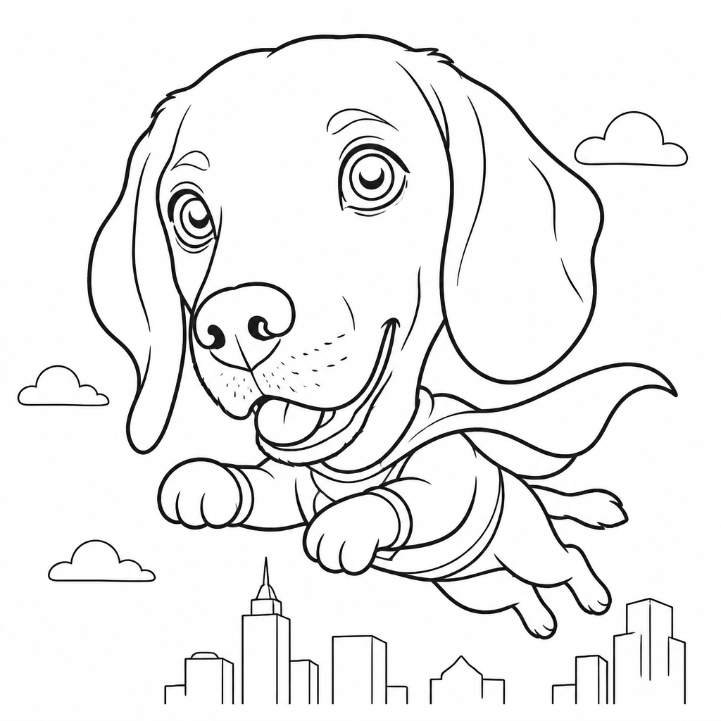 SketchBot pet caricature of a dog as a super hero flying