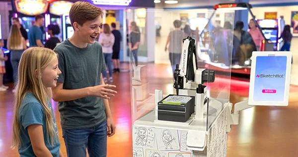 Two people watching in excitement as SketchBot pro draws their portrait