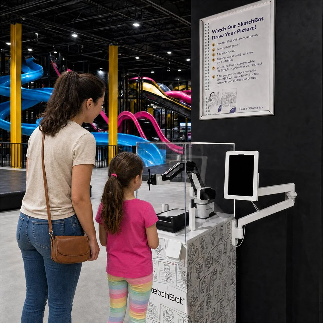 A mom and daughter watching the SketchBot at Slick City