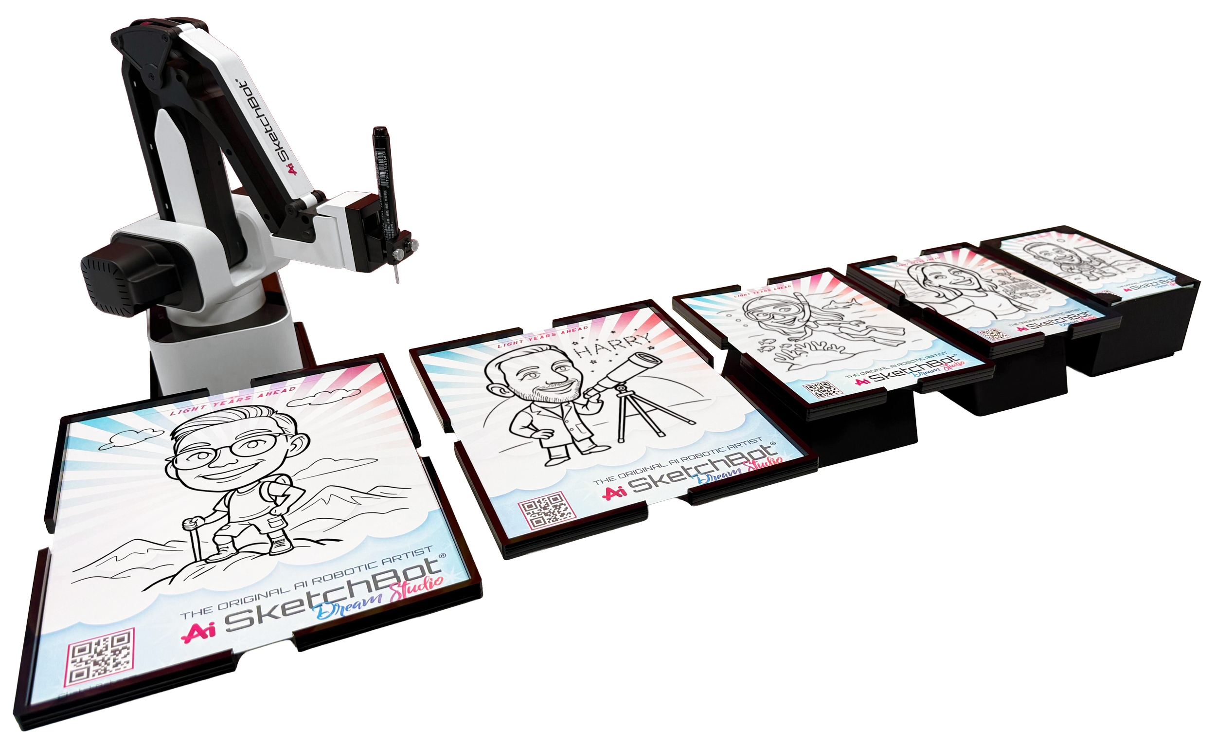 Robotic sketch artist showing off the various sizes available for events