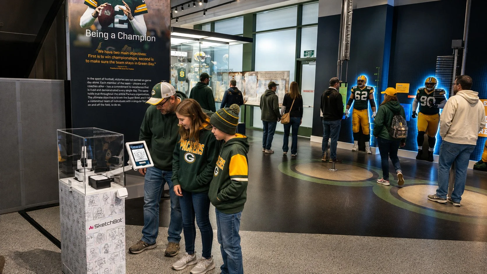 A family watching the SketchBot sketch a special Green Bay Packers caricature