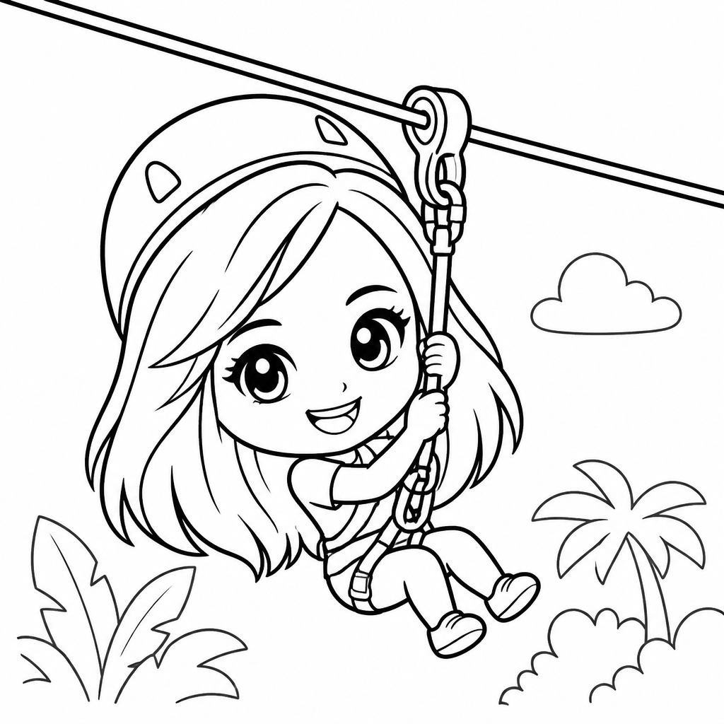 Chibi caricature  of a girl on a zipline (SketchBot drawing)