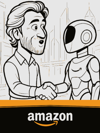 Sharable animated sketch concept for Amazon of a man and a robot in a futuristic city
