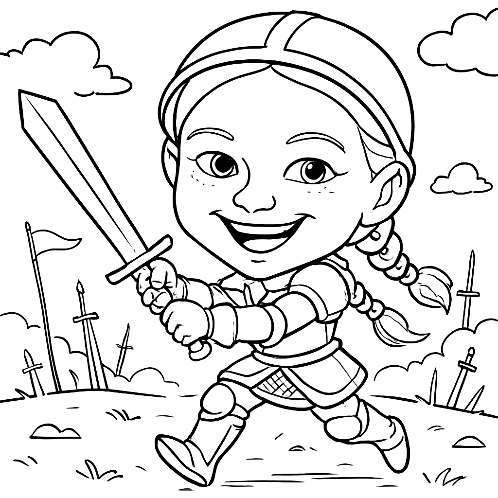 Whimsical drawing by robot of girl in armor with a sword