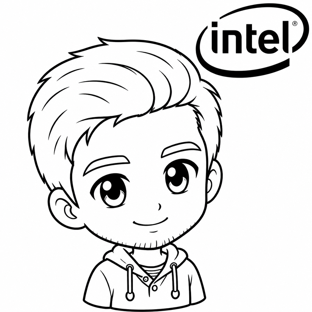 Chibi drawing of a guy with "Intel" written in the corner (SketchBot drawing)