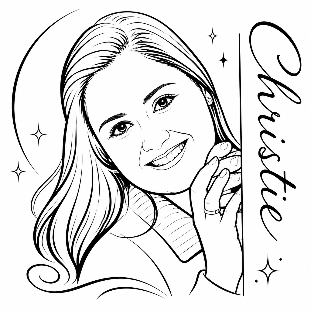 Woman smiling with the name "Christie" written on the side (SketchBot rendering)