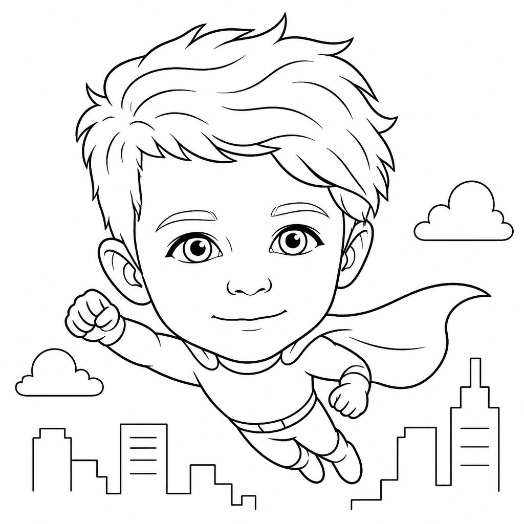 Robotic arm drawing of a boy as a super hero flying over a city