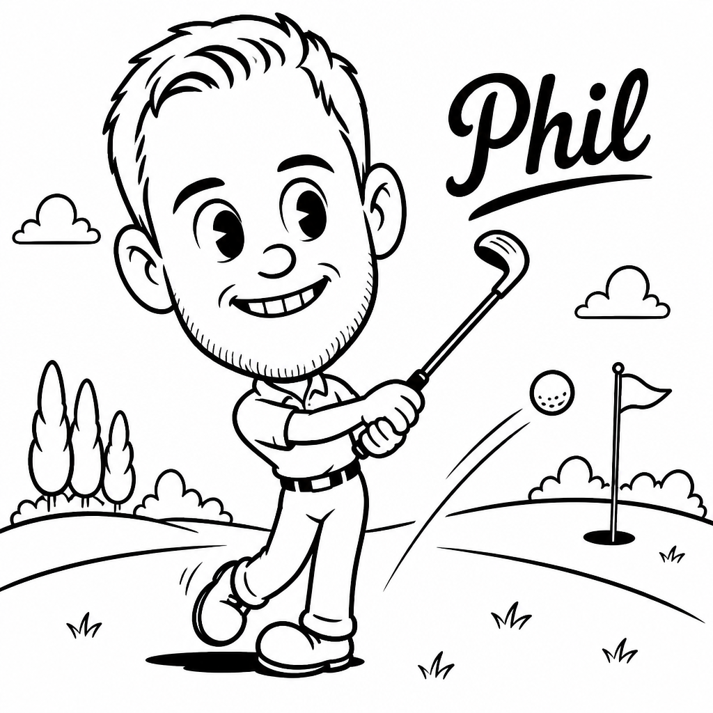 SketchBot rendering of a man playing gold with "Phil" written in the background (retro)