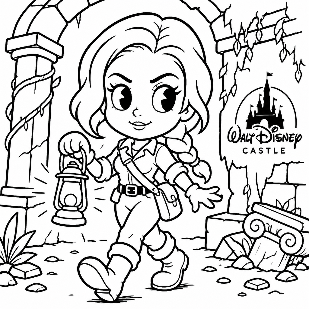 Retro sketch of a woman explorer walking in ruins with "Walt Disney Caste" written on the wall