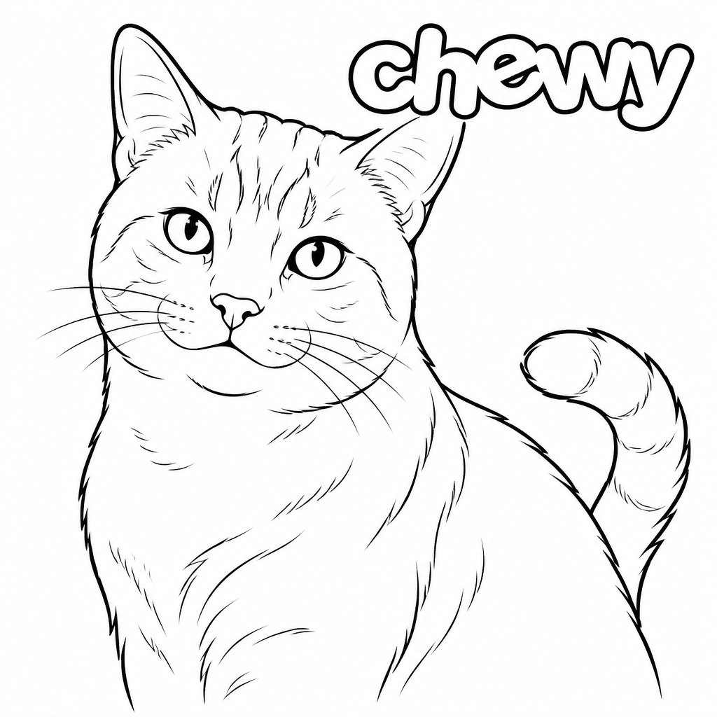 Cat portrait with "Chewy" written at the top corner created by a SketchBot