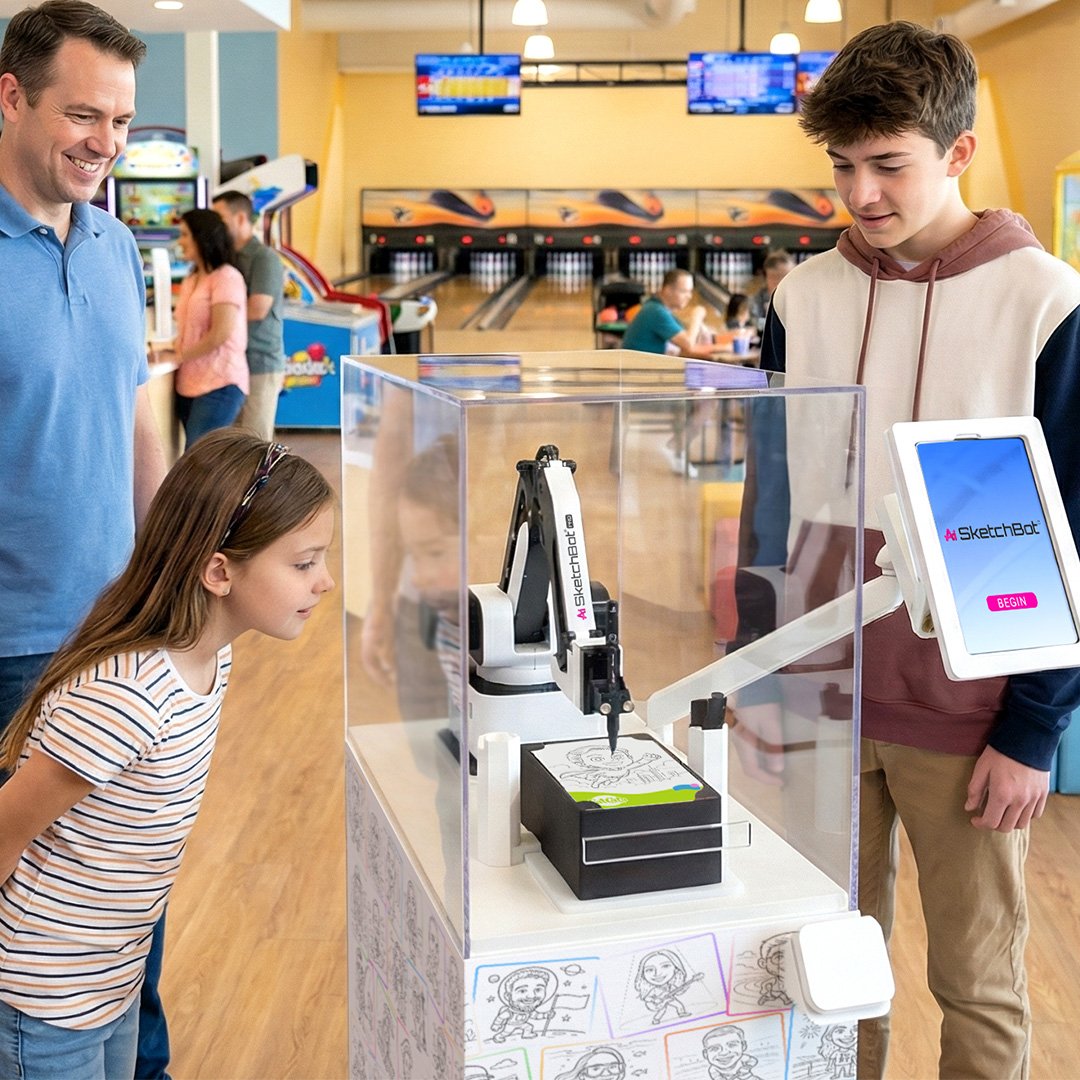 A family watching the SketchBot draw a caricature