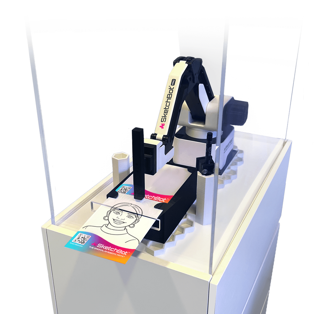 Drawing robot handing a portrait sketch to a guest