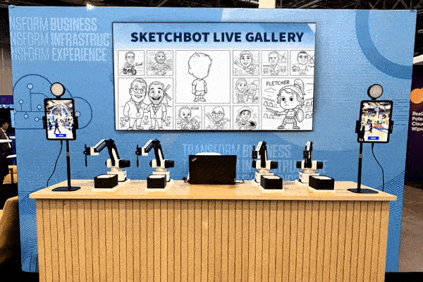 SketchBot setup with a digital live streaming gallery of sketches