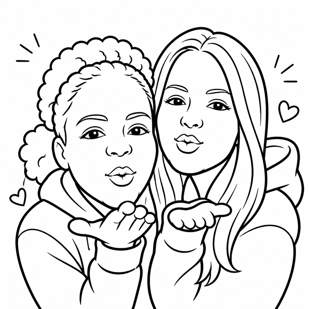 Realistic portrait sketch of two girls in hoodies blowing kisses