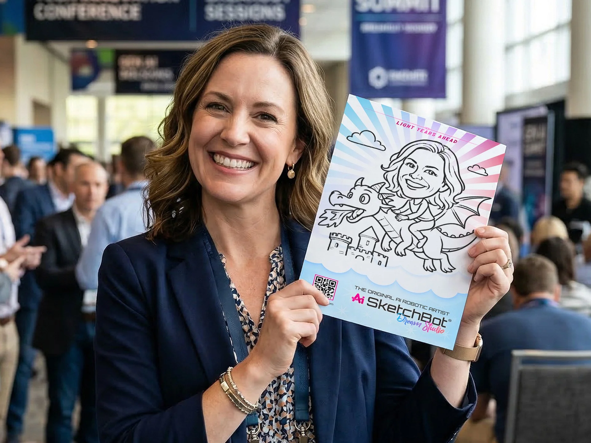 A women holding up a larger sketch drawn by the SketchBot