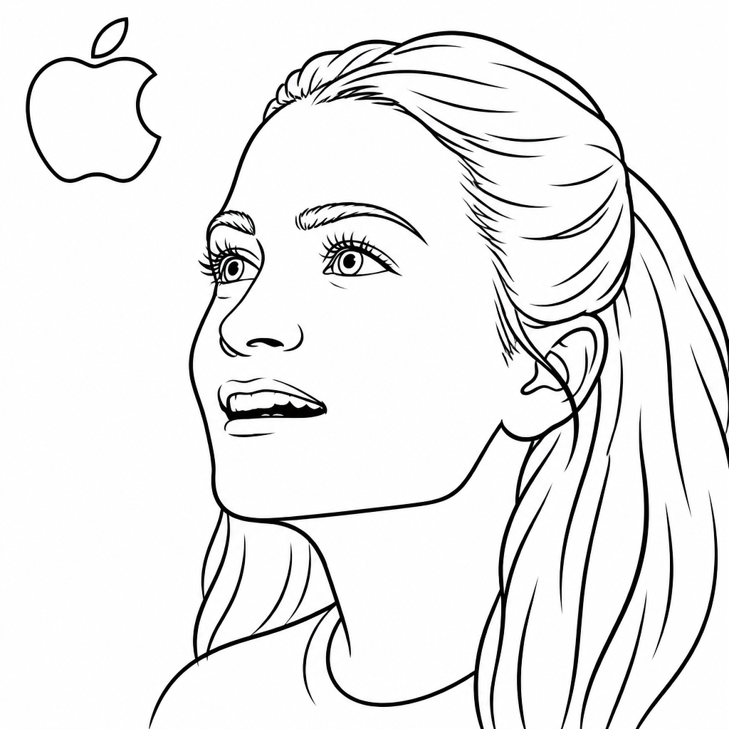 Robotic drawing of a woman looking to her right with the Apple logo in the corner