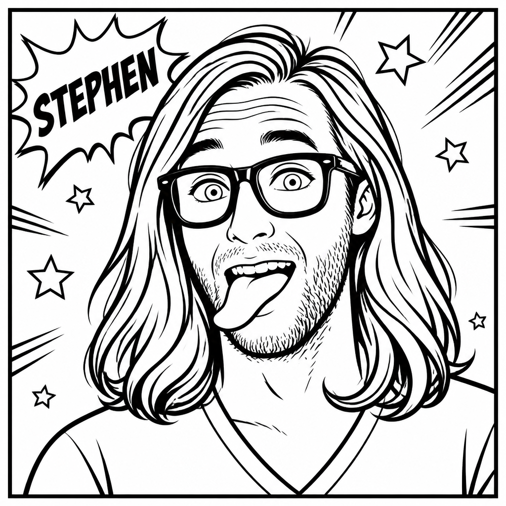 Man with long hair, glasses, and his tongue out. (Comic sketch)