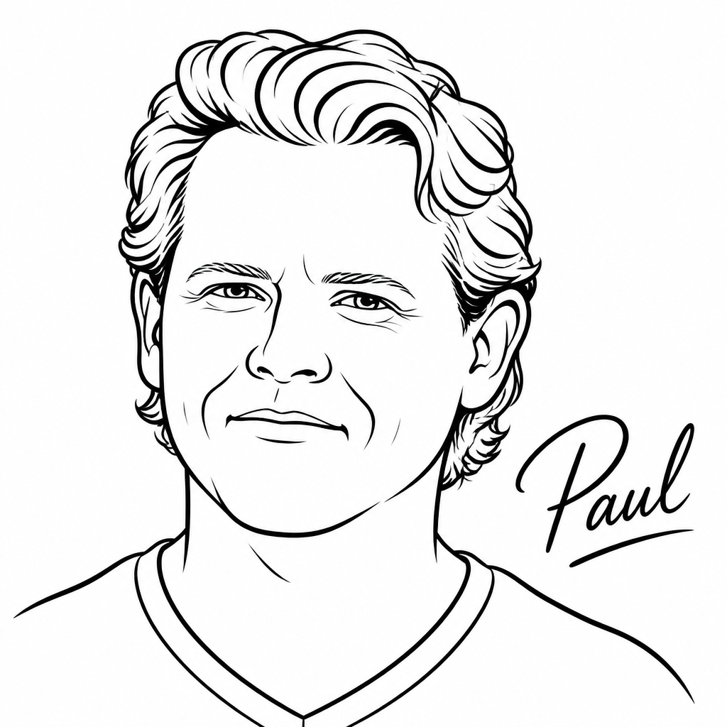 Sketch of a man with a serious face with the name "Paul" written next to him (realistic portrait sketch)