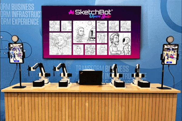 SketchBot setup with a digital live streaming gallery of sketches