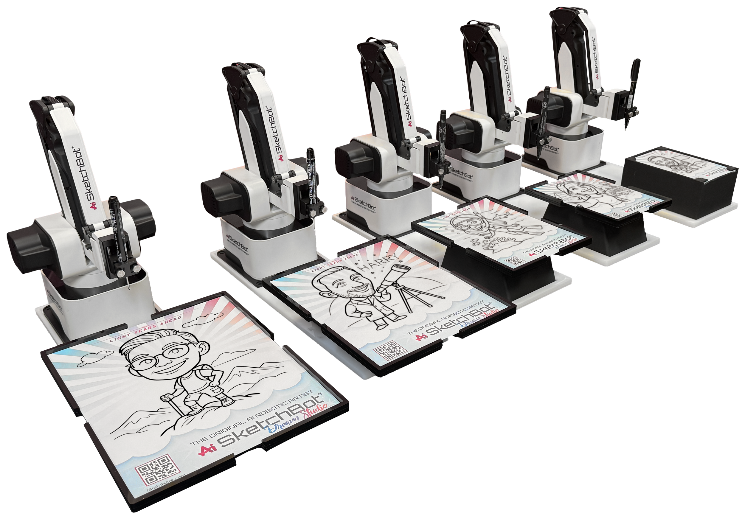 Robotic artists showing off the varies sized sketches available for events
