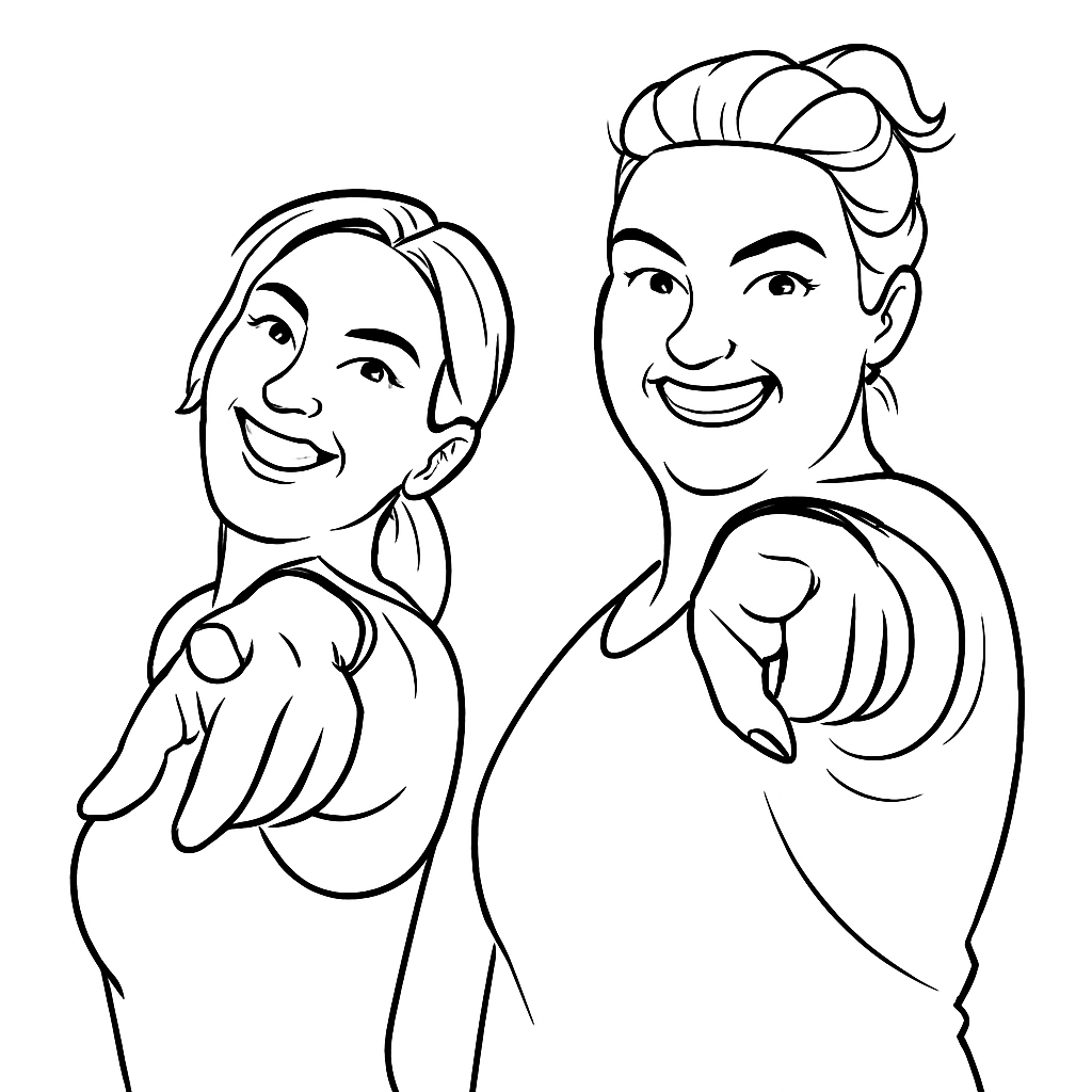 Drawing robot rendering of two women pointing at the viewer