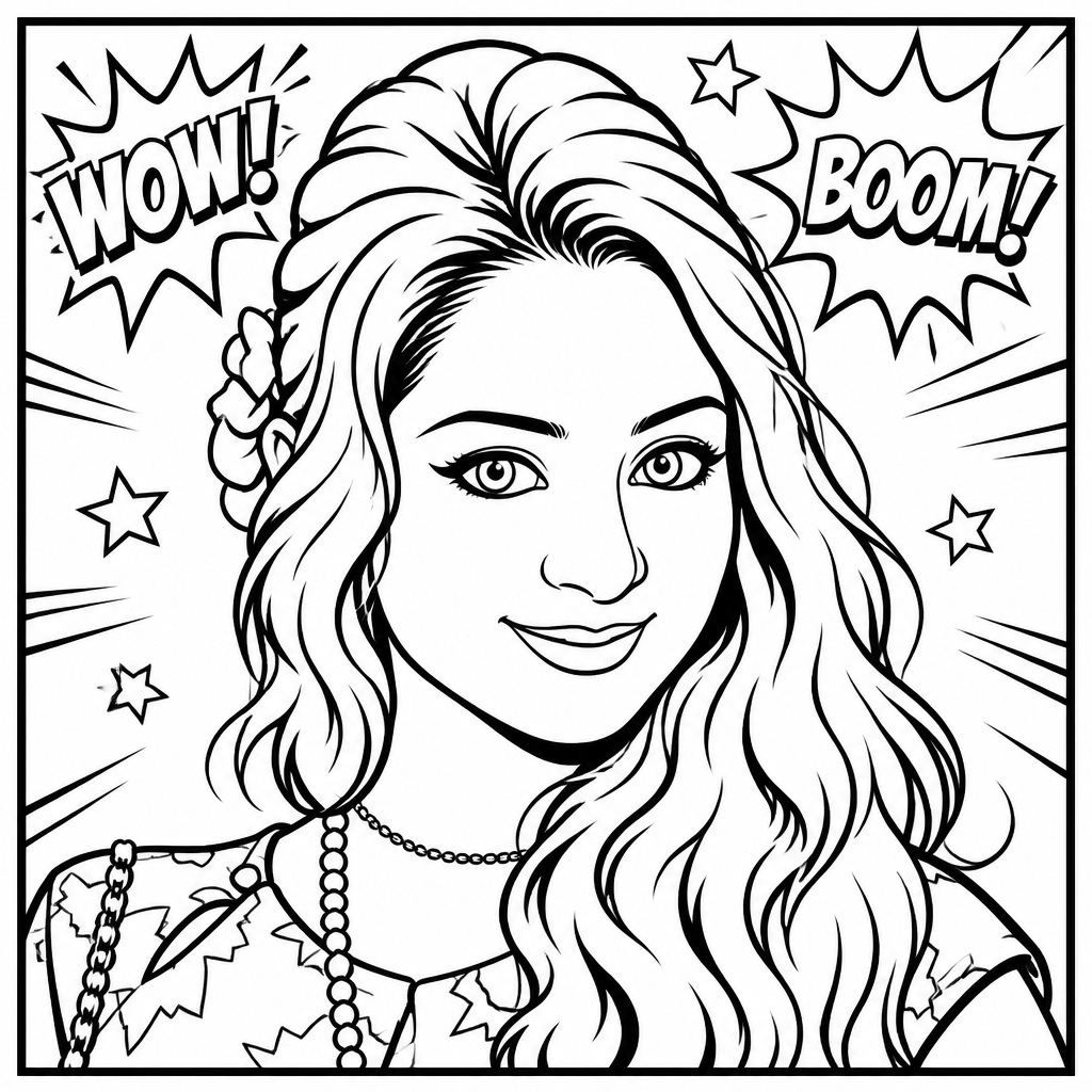 Comic portrait sketch of woman with the words "Wow" and "Boom" in the background