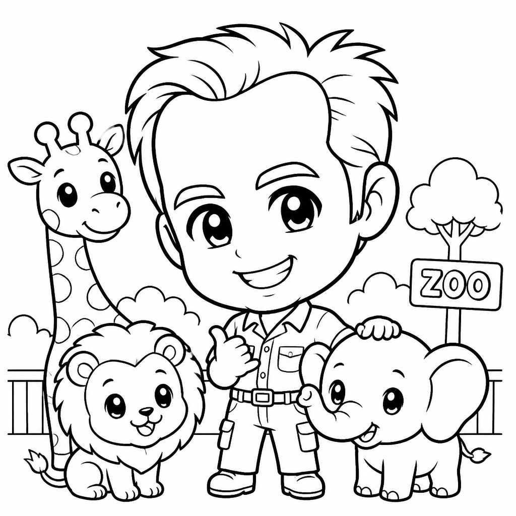 Male zookeeper posing with animals (chibi caricature) 