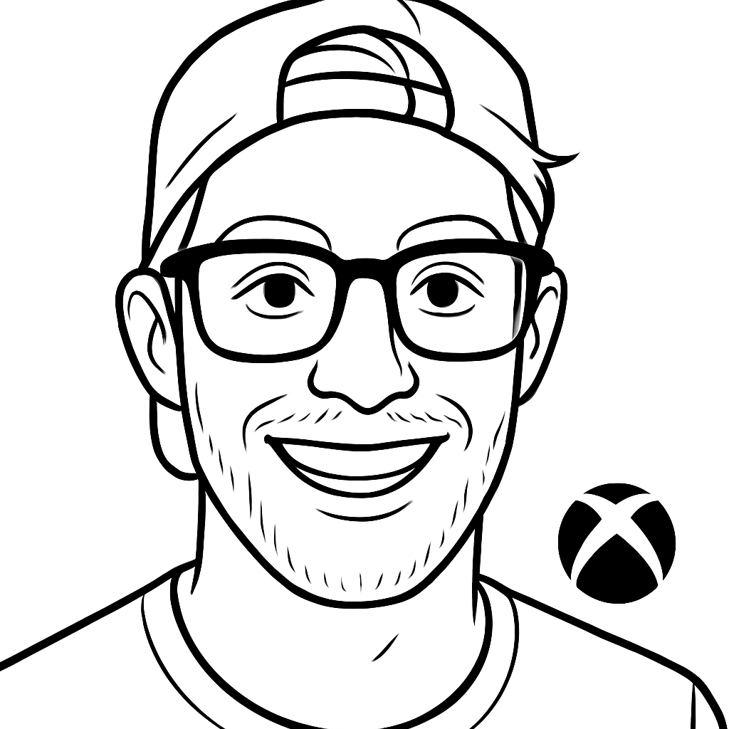 Robotic drawing of a man with glasses and a backwards hat with the "XBOX" logo next to him
