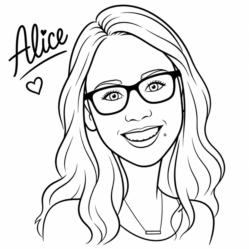 Portrait drawing of a woman with glasses with the name "Alice" written in the corner