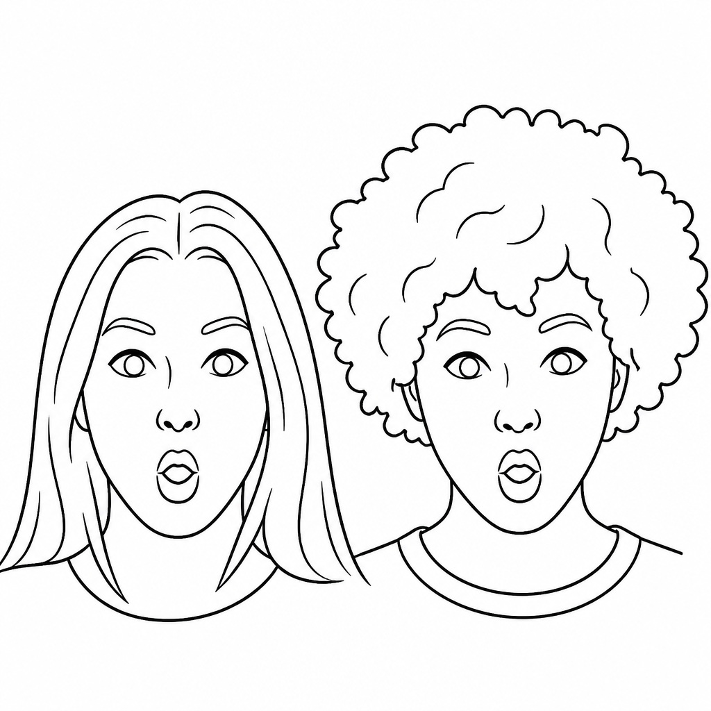 Basic portrait drawing of two woman with puckered lips side-by-side looking ahead