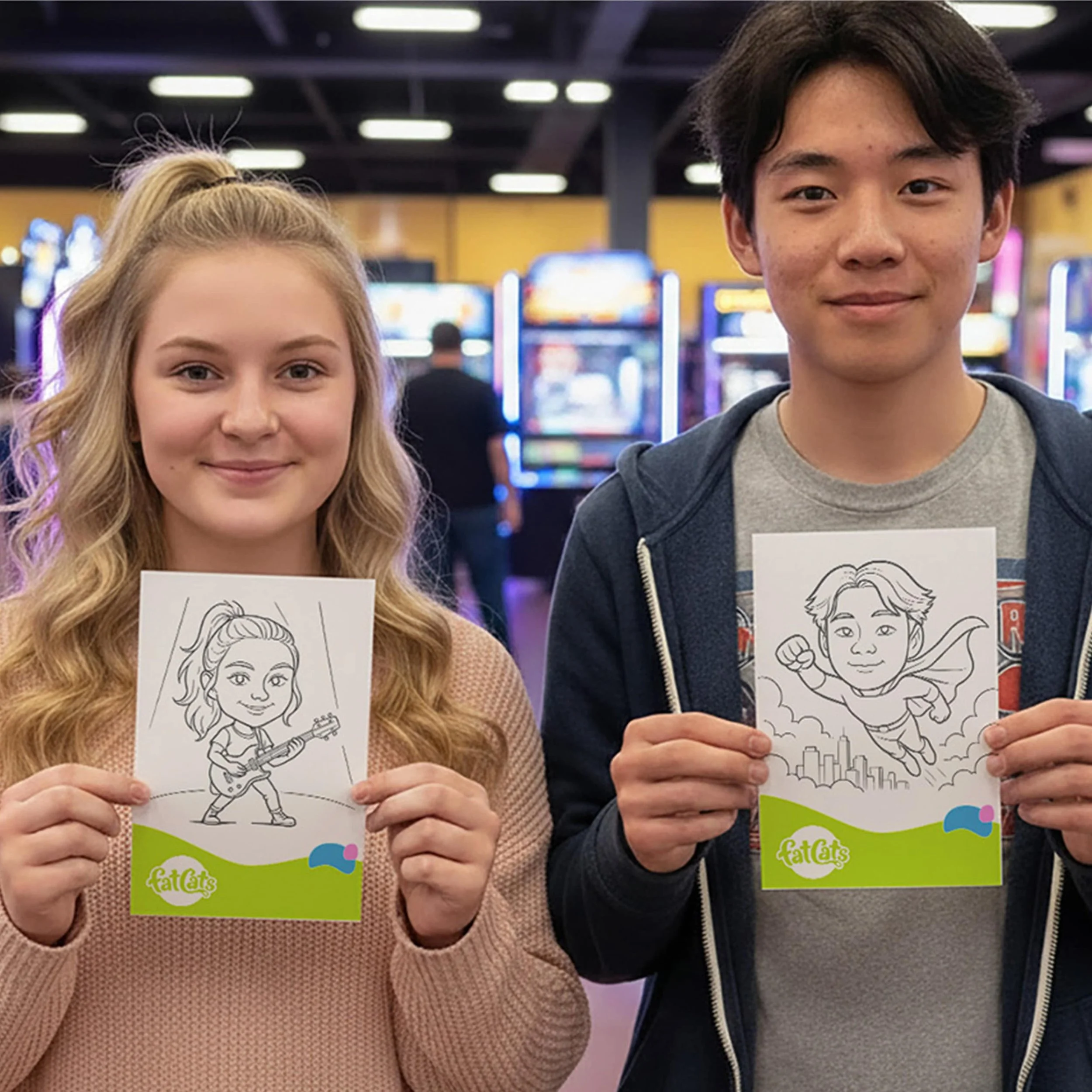 Two visitors holding up their sketches  drawn by SketchBot
