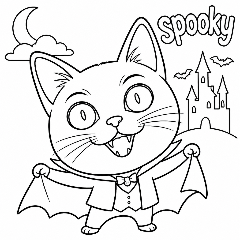 Sketchbot pet drawing of a cat dressed as a vampire with "Spooky" written in the corner