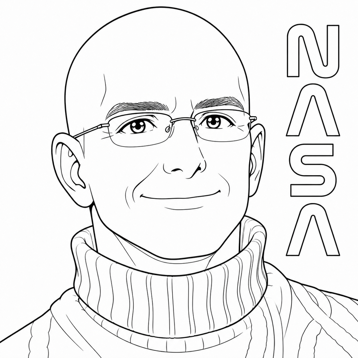 Robotic sketch of a man in a turtle neck with "NASA" written next to him