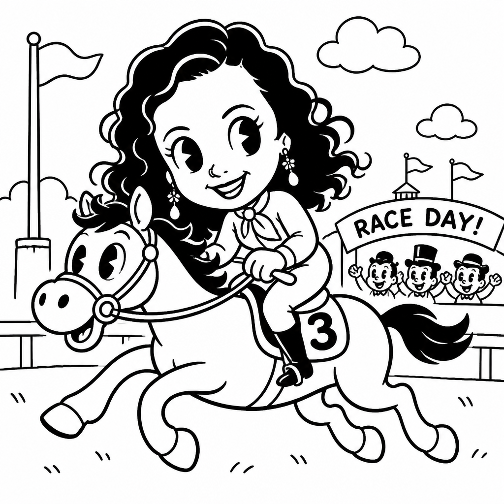 Retro cartoon drawing of a woman riding a horse