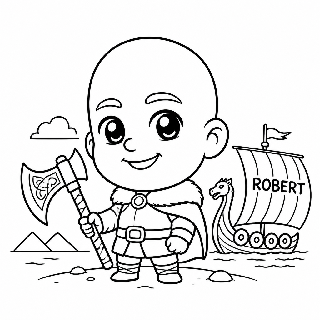 Chibi sketch of a man as a Viking with the name "Robert" written in the background created by the SketchBot
