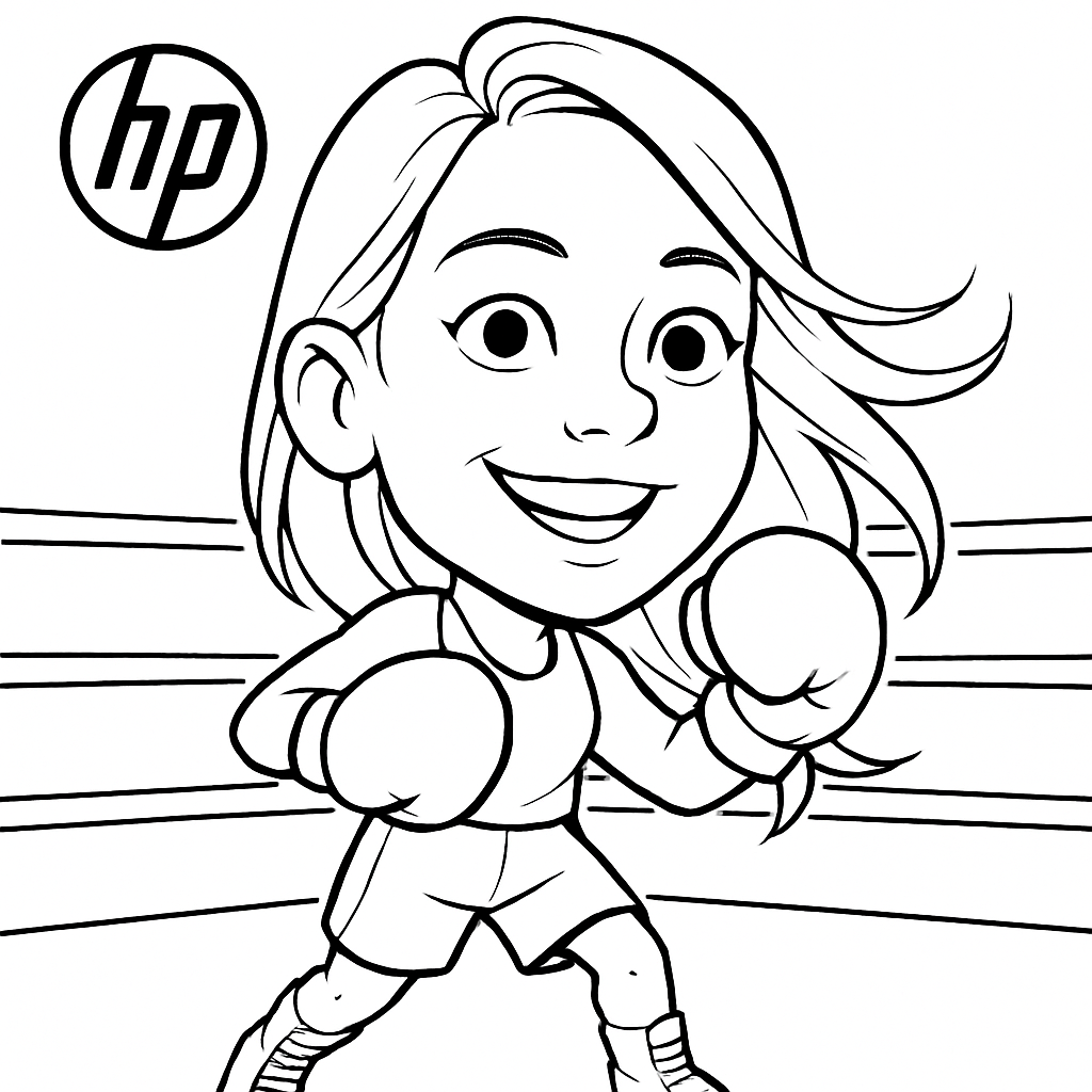 SketchBot drawing of woman boxing with HP logo in the corner