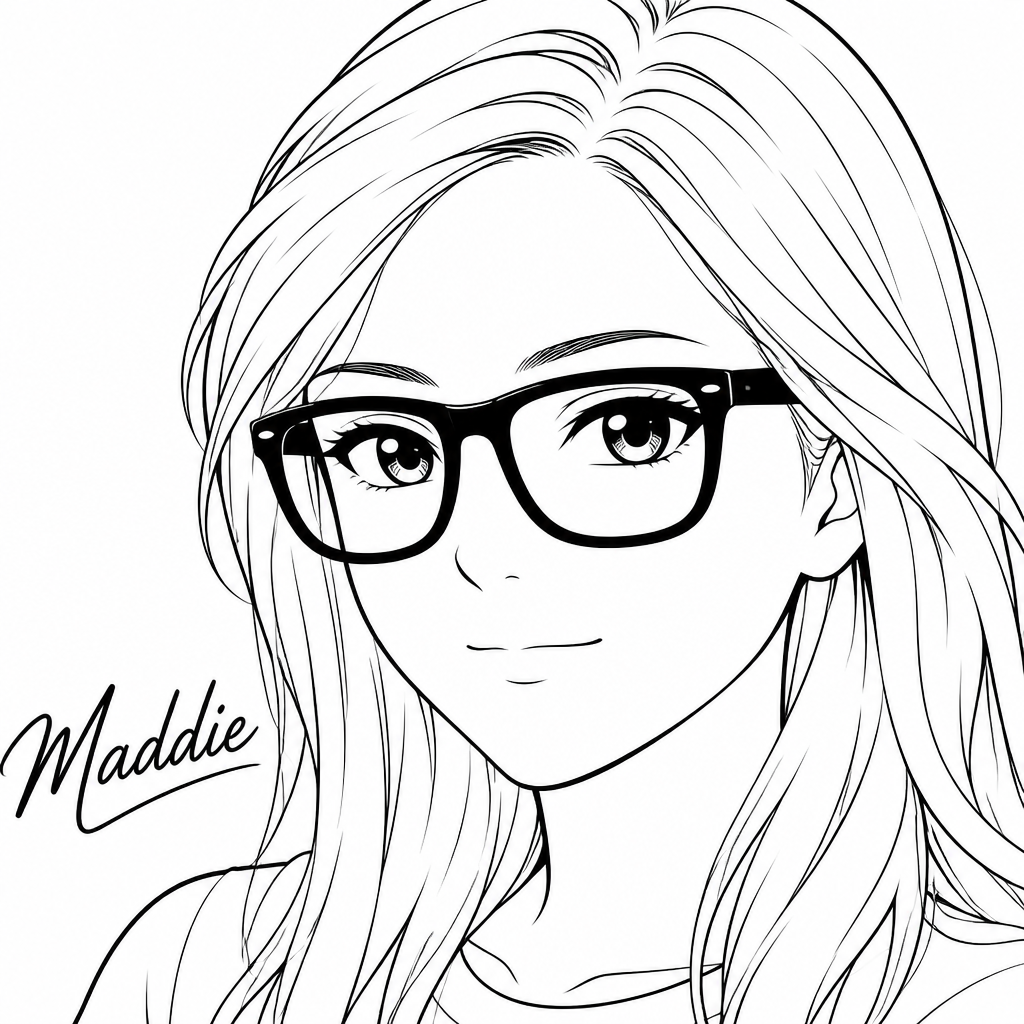 Girl with glasses with the name "Maddie" written next to her (SketchBot Anime drawing)